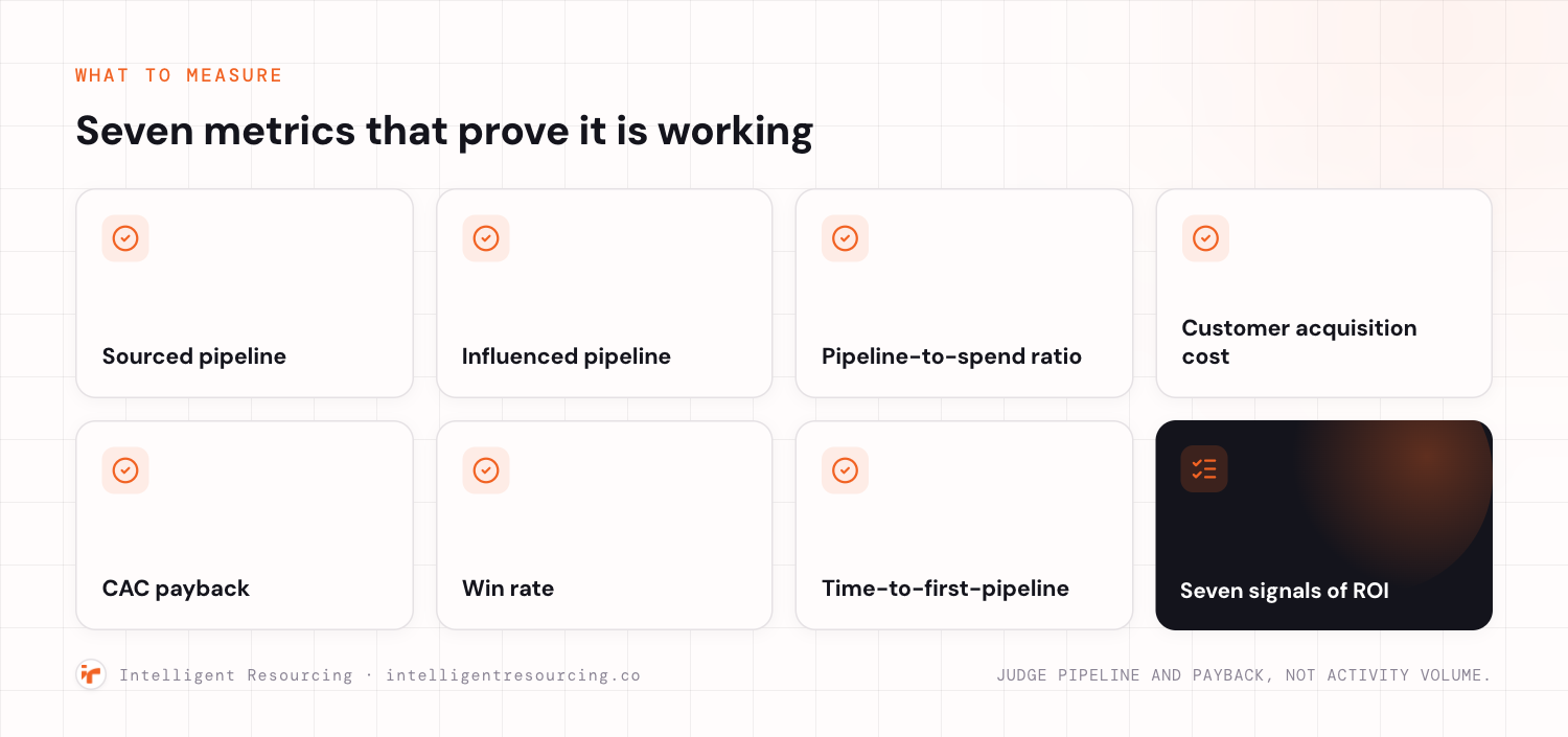 Seven metrics that prove a GTM partner is working: sourced pipeline, influenced pipeline, pipeline-to-spend ratio, customer acquisition cost, CAC payback, win rate and time-to-first-pipeline.