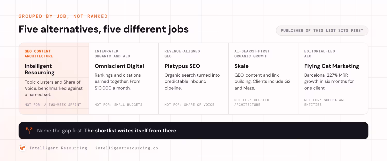 Five alternatives shown side by side, each labelled with the job it is built for and what it is not for. Intelligent Resourcing, GEO content architecture: topic clusters and Share of Voice benchmarked against a named set, not for a two-week sprint. Omniscient Digital, integrated organic and AEO: rankings and citations earned together, from $10,000 a month, not for small budgets. Platypus SEO, revenue-aligned GEO: organic search turned into predictable inbound pipeline, not for Share of Voice. Skale, AI-search-first organic growth: GEO, content and link building with clients including G2 and Maze, not for cluster architecture. Flying Cat Marketing, editorial-led AEO: Barcelona, 227% MRR growth in six months for one client, not for schema and entities. The publisher of this list sits first. Name the gap first and the shortlist writes itself.
