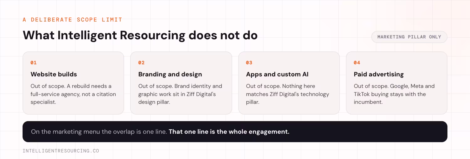 Four cards listing the work Intelligent Resourcing keeps out of scope: website builds, branding, apps and paid advertising