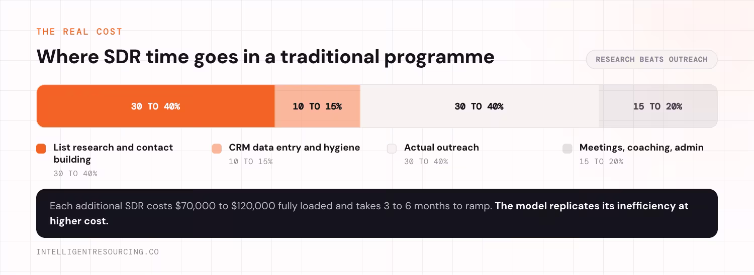 Stacked bar showing where SDR time goes in a traditional prospecting programme. List research and contact building takes 30 to 40%. CRM data entry and hygiene takes 10 to 15%. Actual outreach through emails, calls and LinkedIn takes 30 to 40%. Internal meetings, coaching and admin take 15 to 20%.