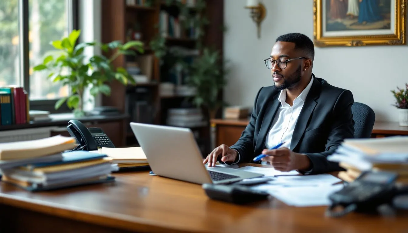 A church administrator is seated at a desk, preparing donation receipts using a computer and various paperwork. The scene emphasizes the importance of issuing charitable contribution statements for cash donations and ensuring compliance with tax laws for church members.