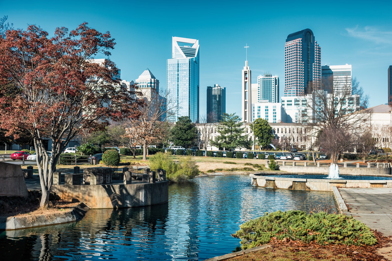 A photo of the city skyline in Charlotte, North Carolina on a sunny day.