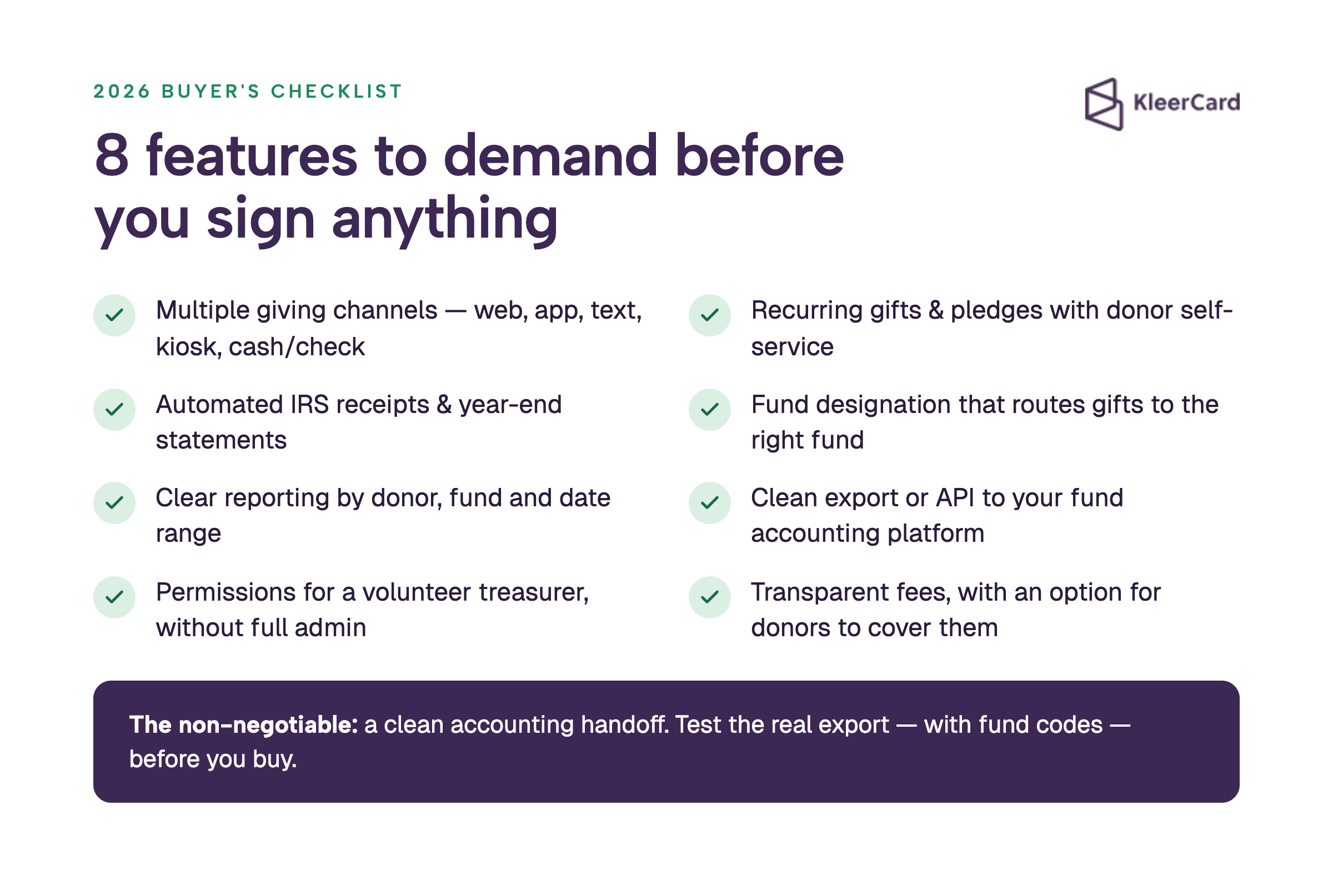 Checklist of eight must-have tithing software features for 2026, including multiple giving channels, recurring gifts, automated IRS receipts, fund designation, reporting, clean accounting export, volunteer permissions, and transparent fees.