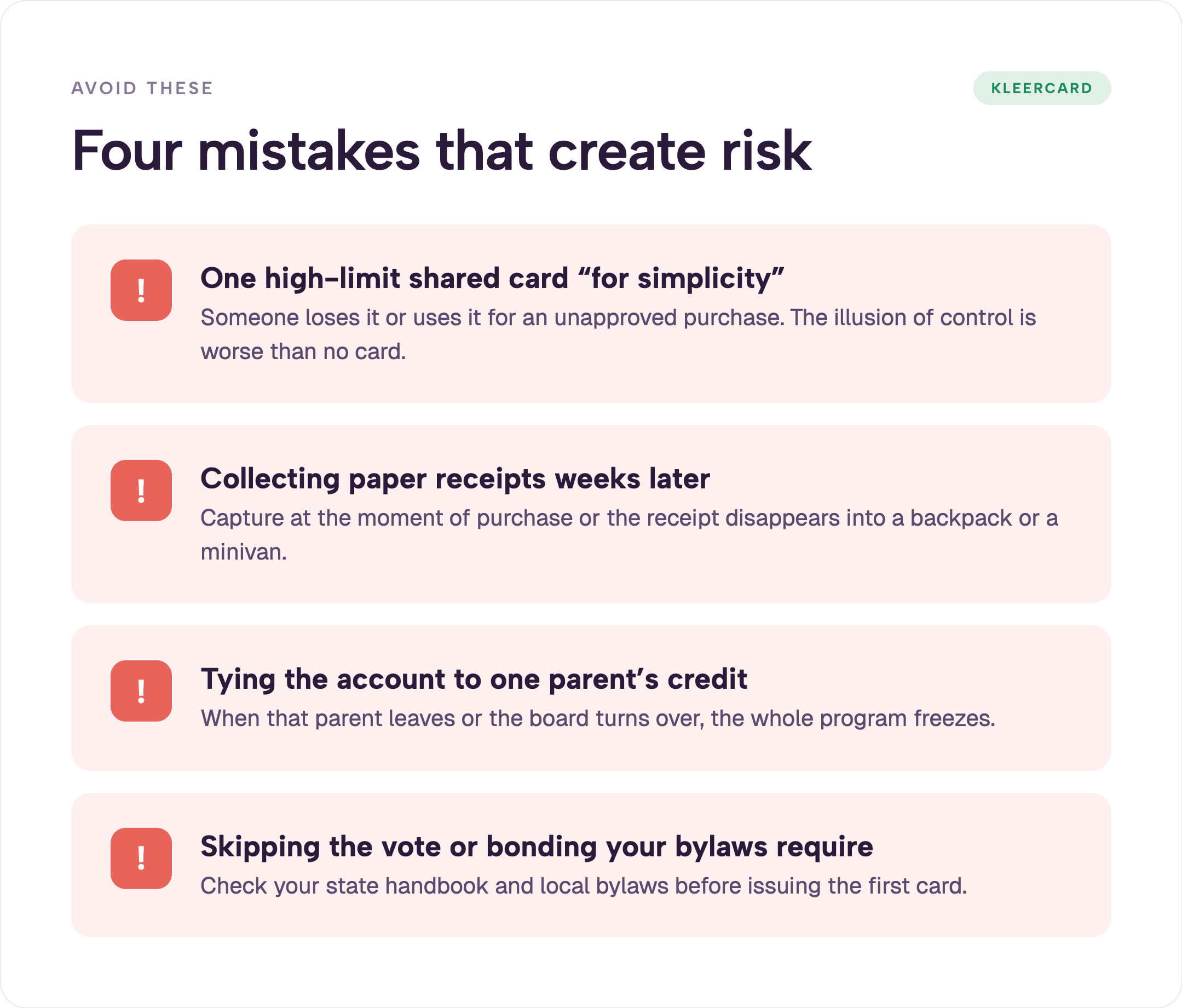 Infographic of four common PTA and PTO card mistakes that create risk: one high-limit shared card, collecting paper receipts weeks later, tying the account to one parent's personal credit, and skipping the vote or bonding the bylaws require.