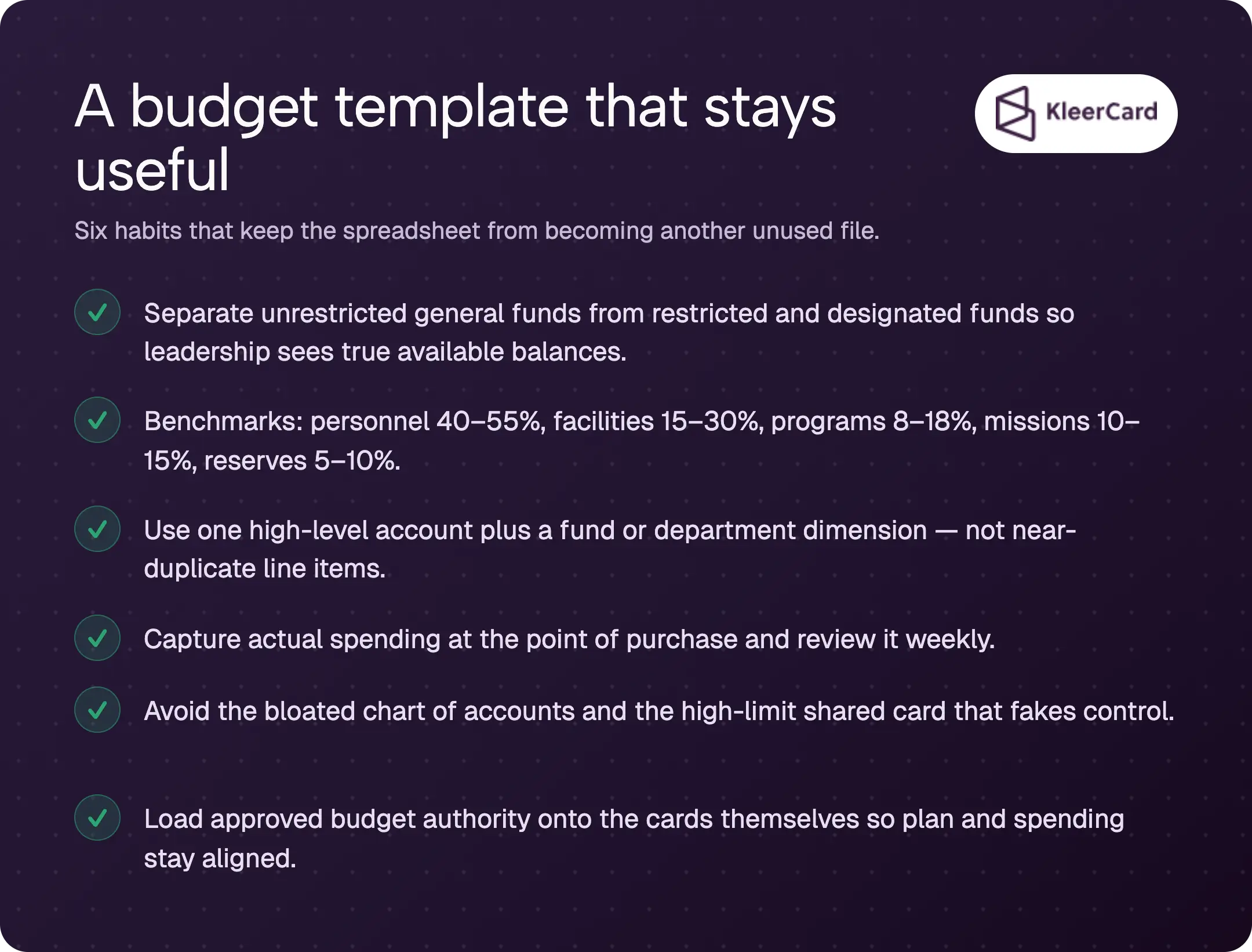 Key takeaways for a church budget template: separate unrestricted from restricted funds, follow benchmark percentage ranges, use one account plus a fund or department dimension, capture spending at purchase and review weekly, avoid a bloated chart of accounts and shared high-limit cards, and load budget authority onto the cards themselves.