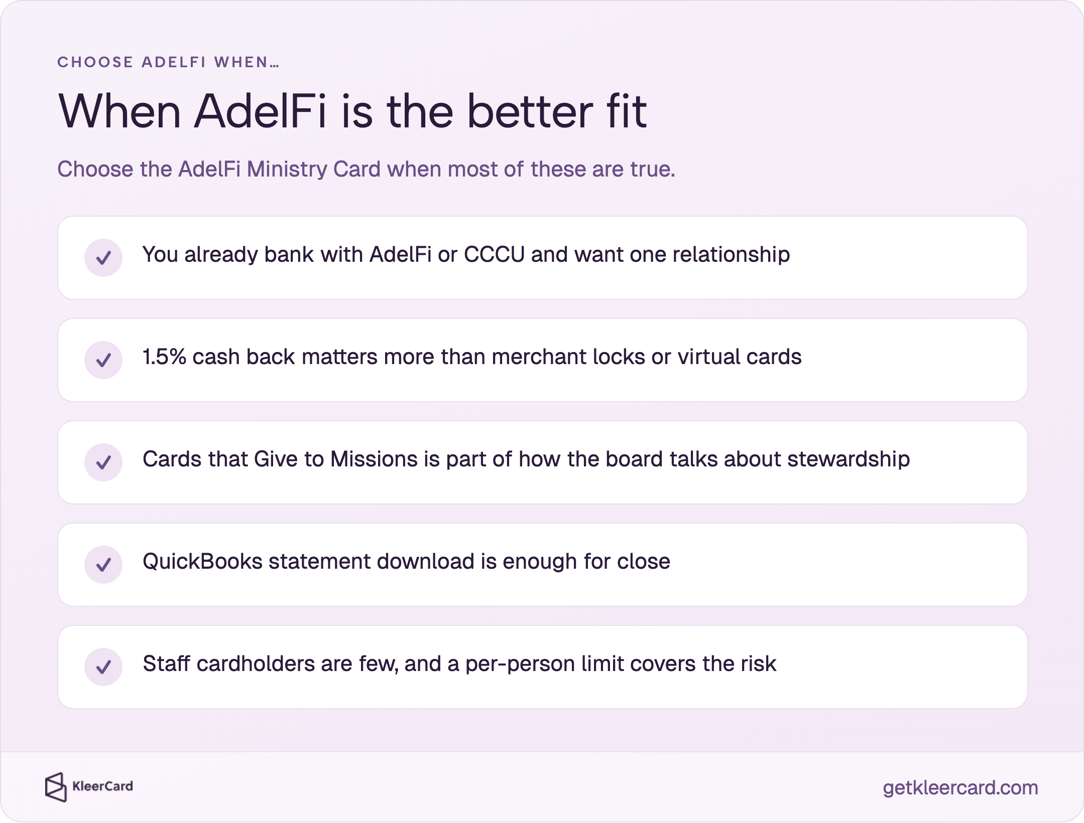 When AdelFi fits: already bank with AdelFi or CCCU; 1.5% cash back over merchant locks/virtual cards; Cards that Give to Missions stewardship; QuickBooks statement enough for close; few staff cardholders with per-person limits.