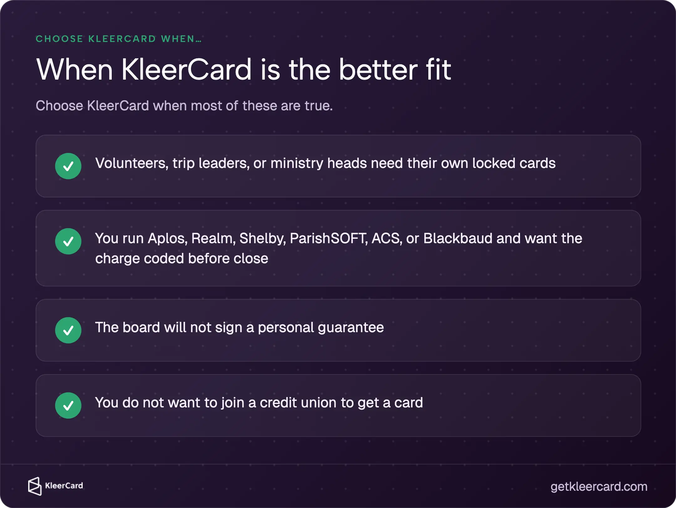When KleerCard fits: volunteers/trip leaders need locked cards; Aplos, Realm, Shelby, ParishSOFT, ACS, or Blackbaud with fund coding before close; board will not sign a personal guarantee; do not want to join a credit union for a card.