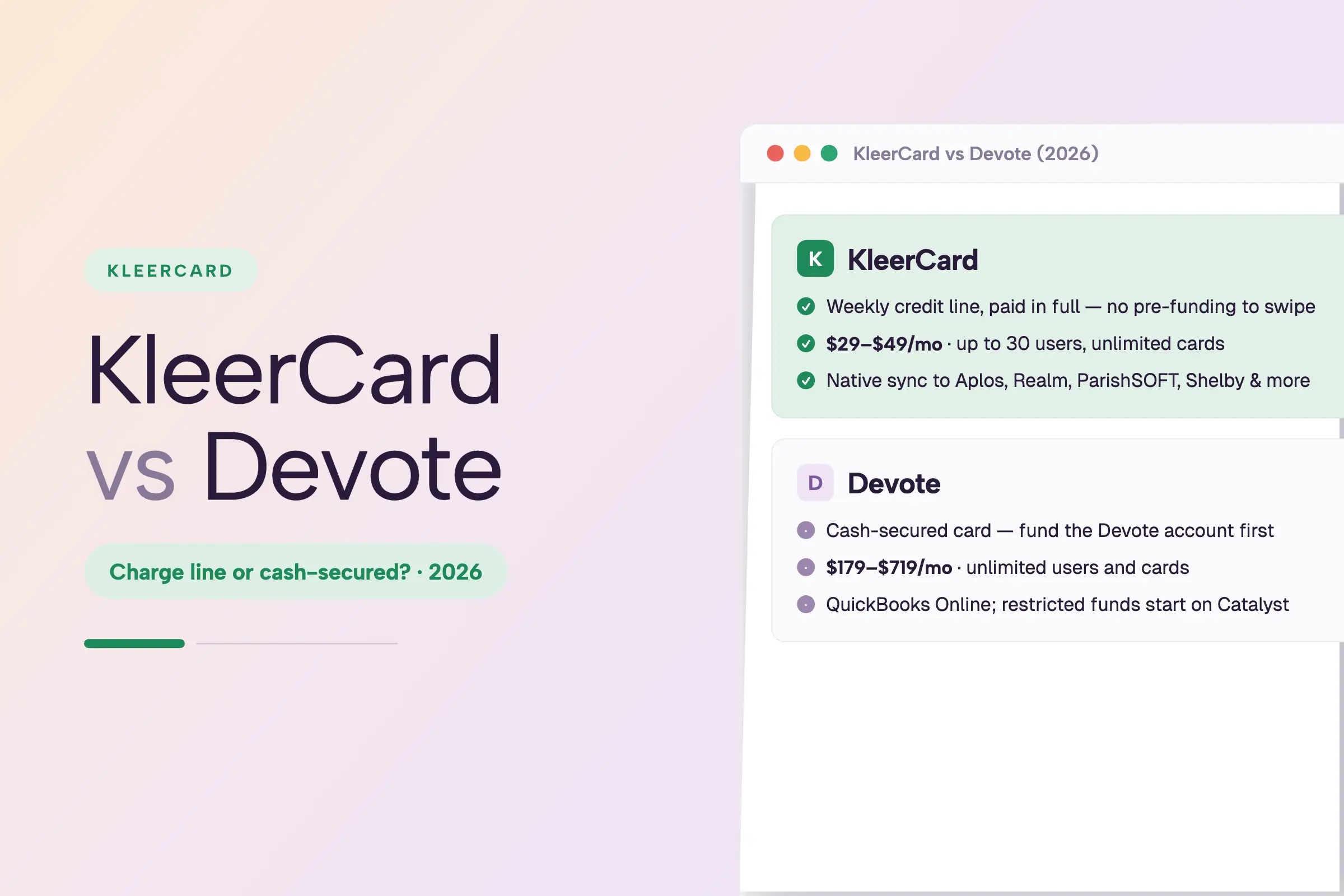 Hero/OG — KleerCard vs Devote (2026) cover: title “Charge line or cash-secured?” beside a side-by-side card comparing KleerCard’s weekly credit line ($29–$49/mo, church ledger sync) with Devote’s cash-secured card ($179–$719/mo, QuickBooks Online).