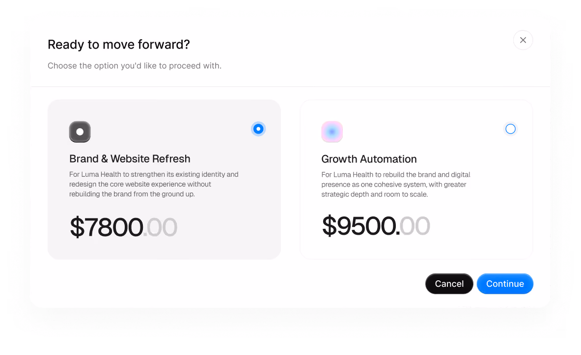 Buyer choosing between two priced options in a Pegasy proposal