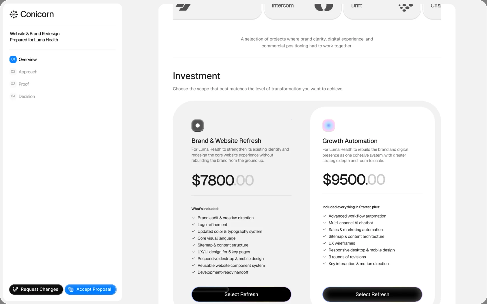 A Pegasy proposal as the client sees it, with investment options and Request Changes and Accept Proposal buttons.