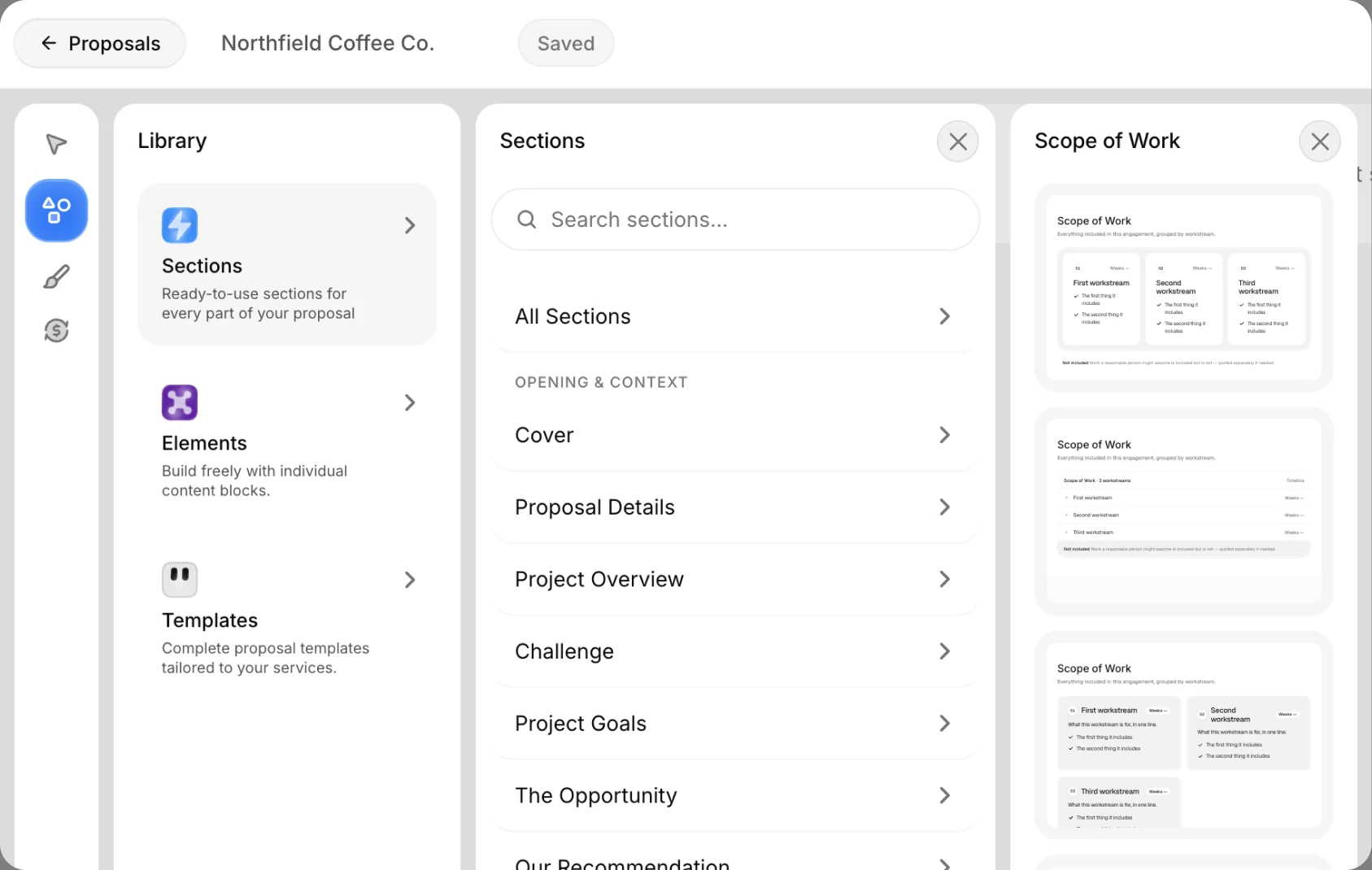 The Pegasy proposal editor with the section library open on Scope of Work layouts.