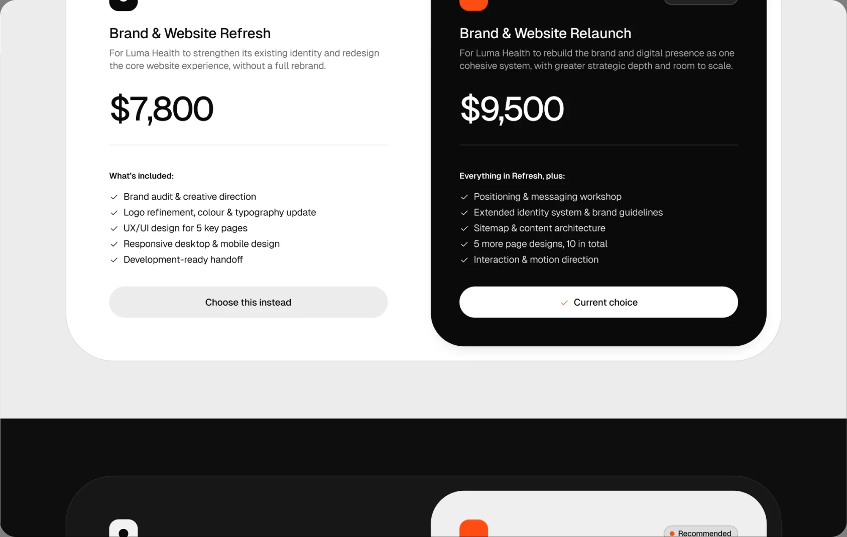 Two pricing options in a proposal, each with its price and the list of what is included.