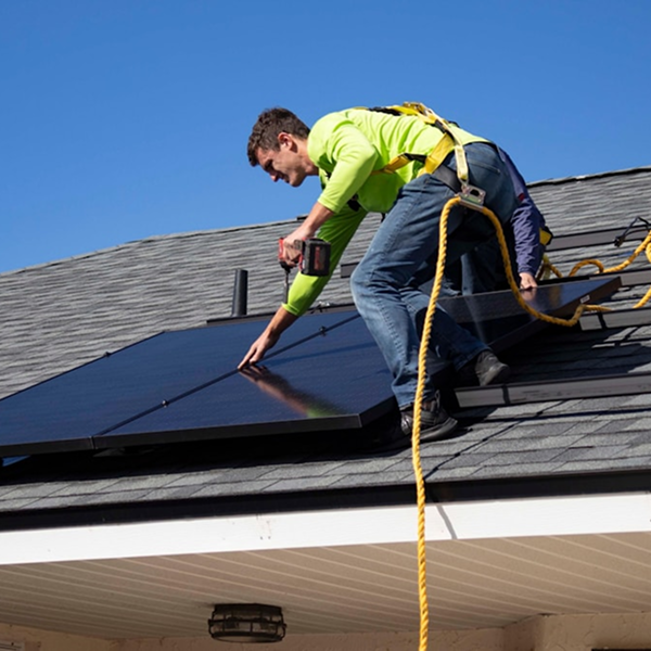 Worker in a safety harness using a drill to fix solar panels to a shingle roof