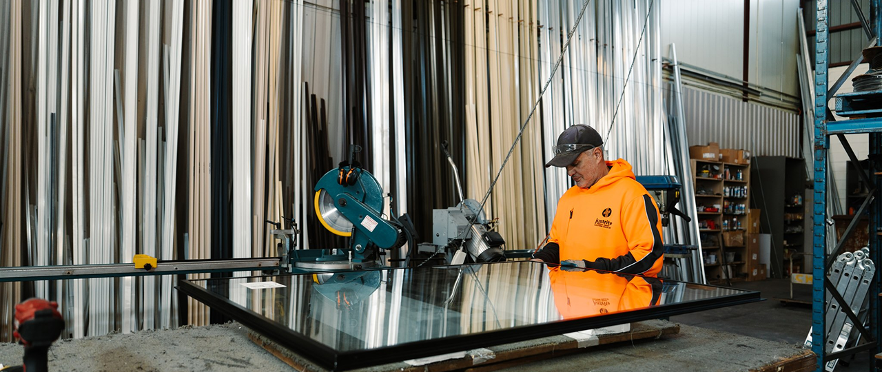 Worker at a drop saw in the workshop beside a large double glazed glass unit and racked window frames