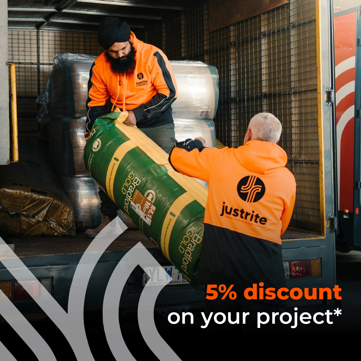Two Just Rite workers unloading a bag of Bradford Gold insulation from a truck, with a 5% discount offer