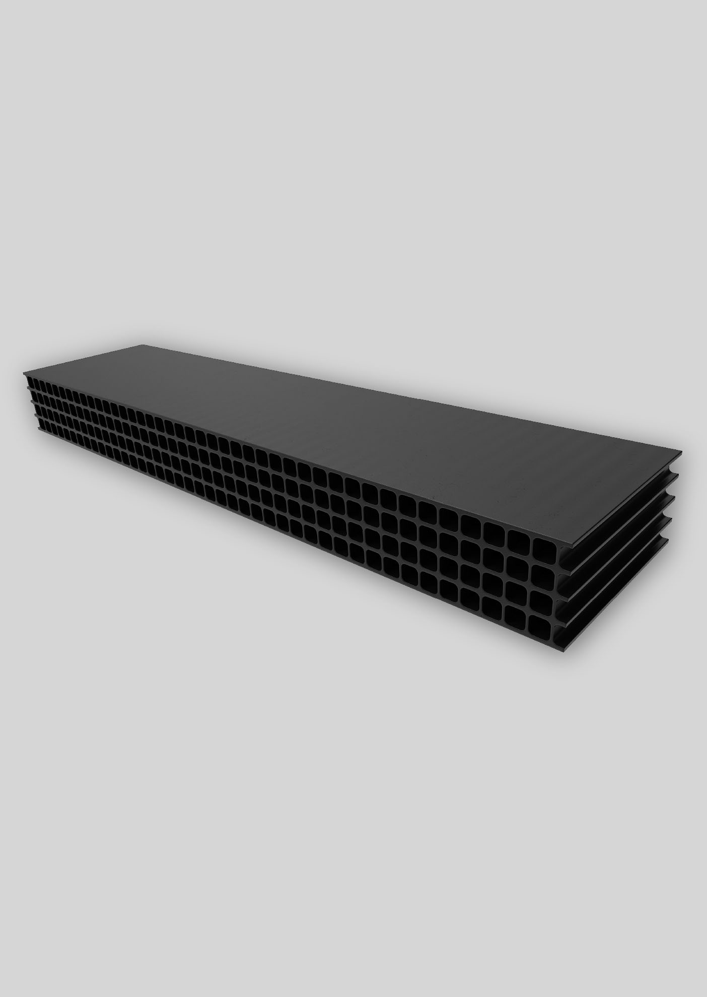 Stack of black multi-cell plastic ventilation panels with open honeycomb air channels