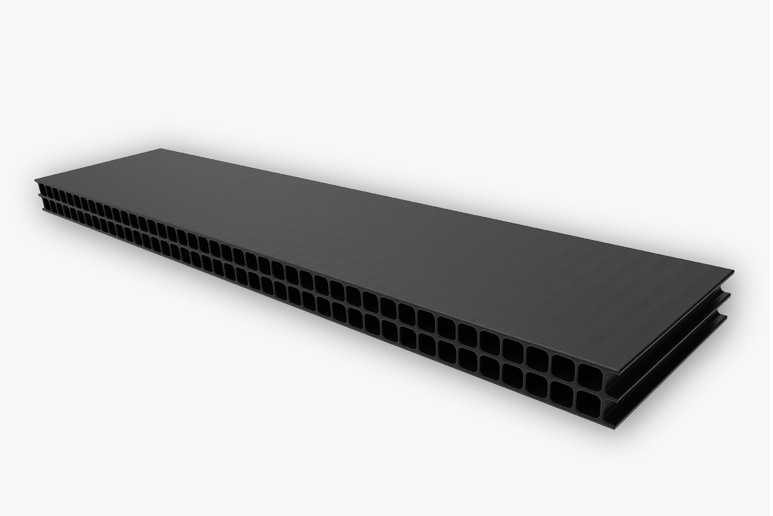 Black multi-cell plastic roof ventilation panels stacked, showing open honeycomb air channels