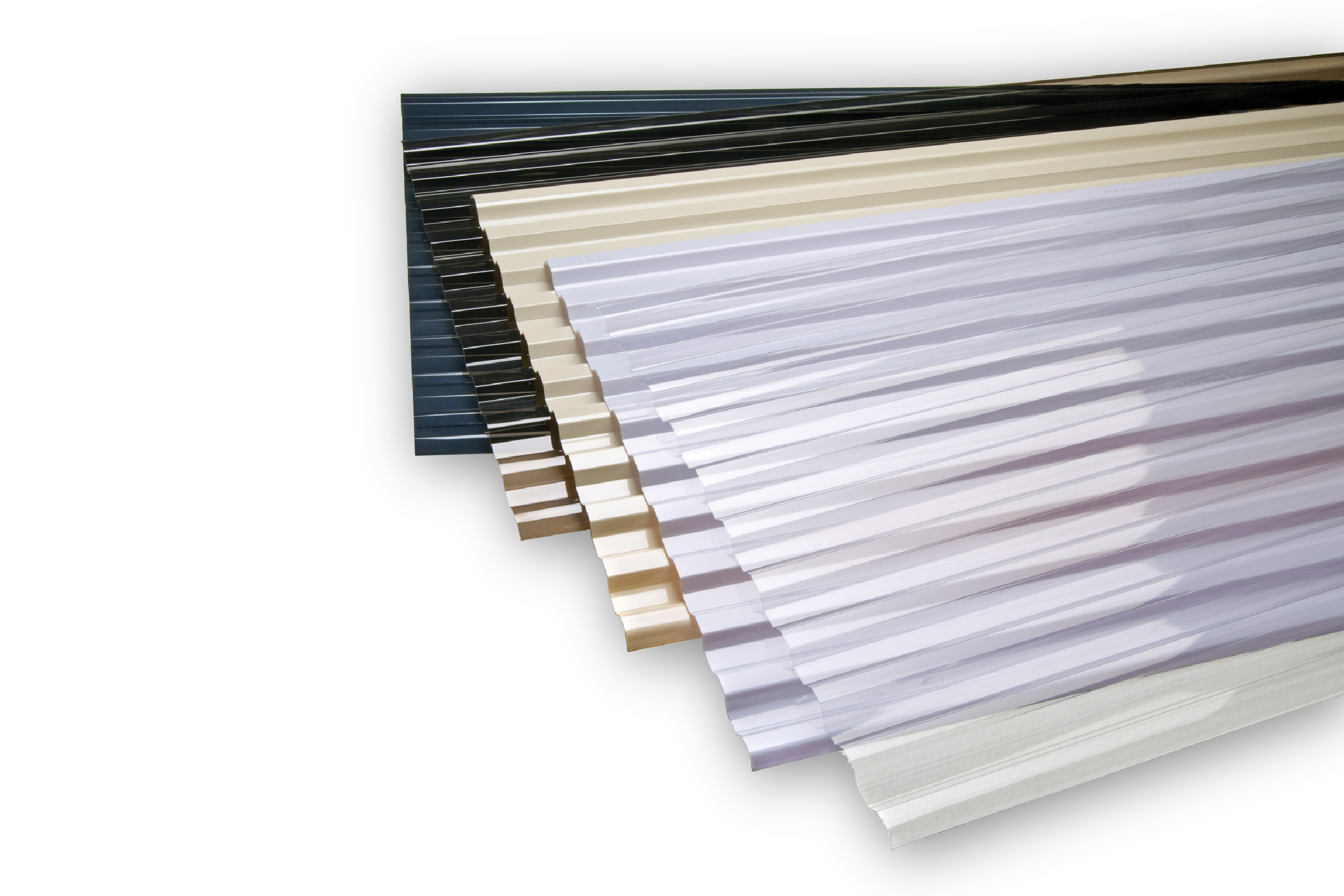 Corrugated polycarbonate roofing sheets fanned out in clear, opal, cream, grey and dark blue