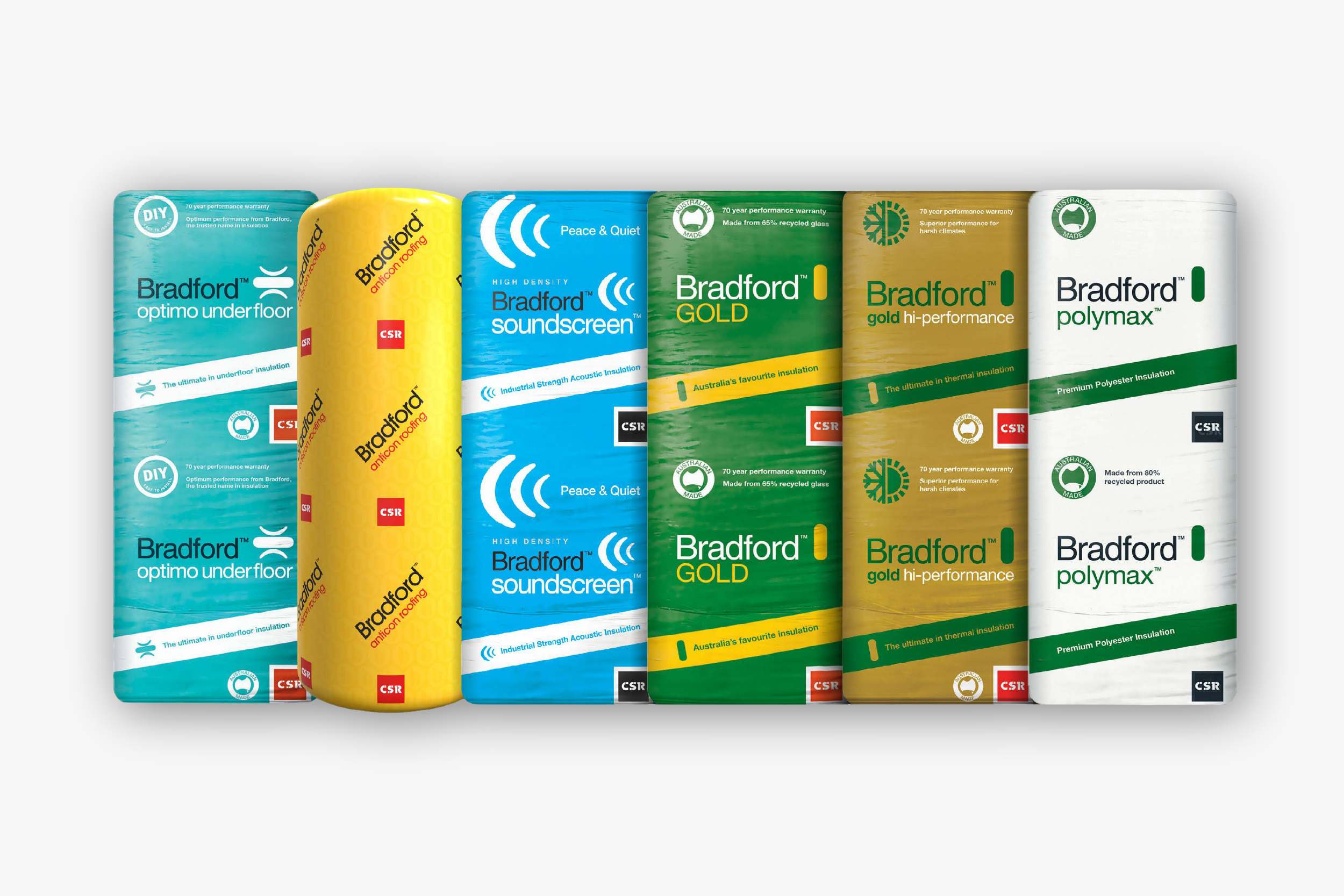 Range of Bradford insulation batt packs including Gold, Gold Hi-Performance, Soundscreen, Polymax and Optimo underfloor