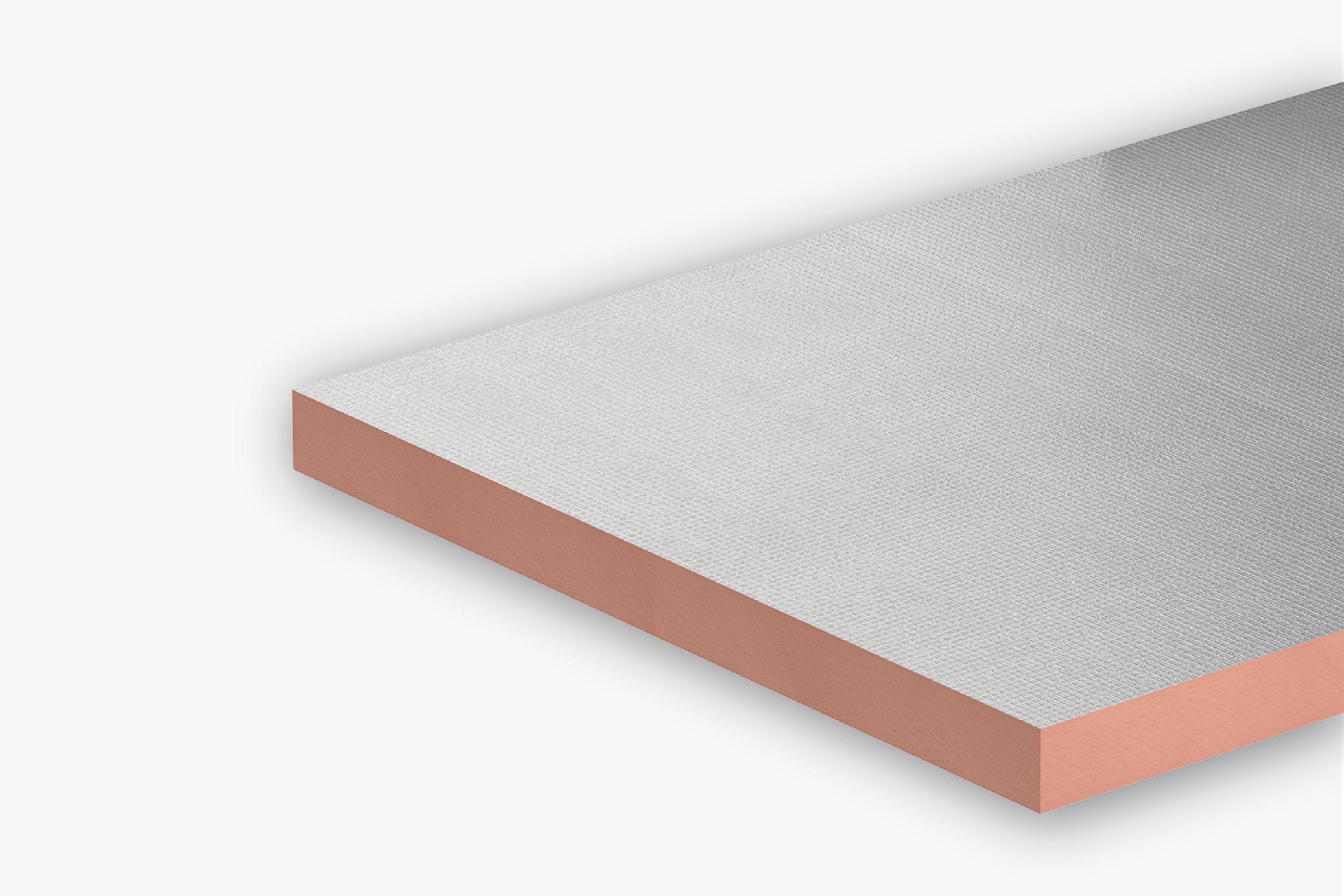 Foil-faced rigid insulation board with a pink phenolic core, shown on edge