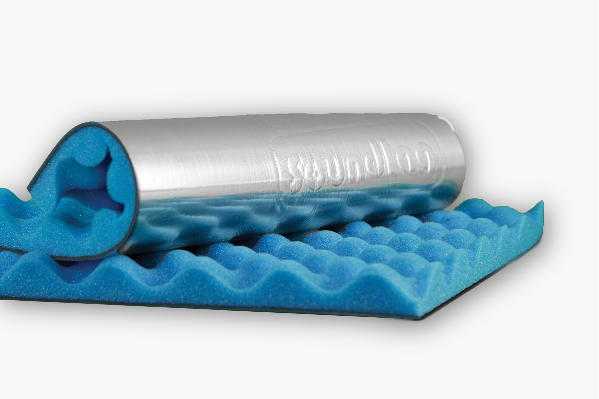 Acoustic pipe lagging with blue convoluted foam and a foil facing, partly unrolled