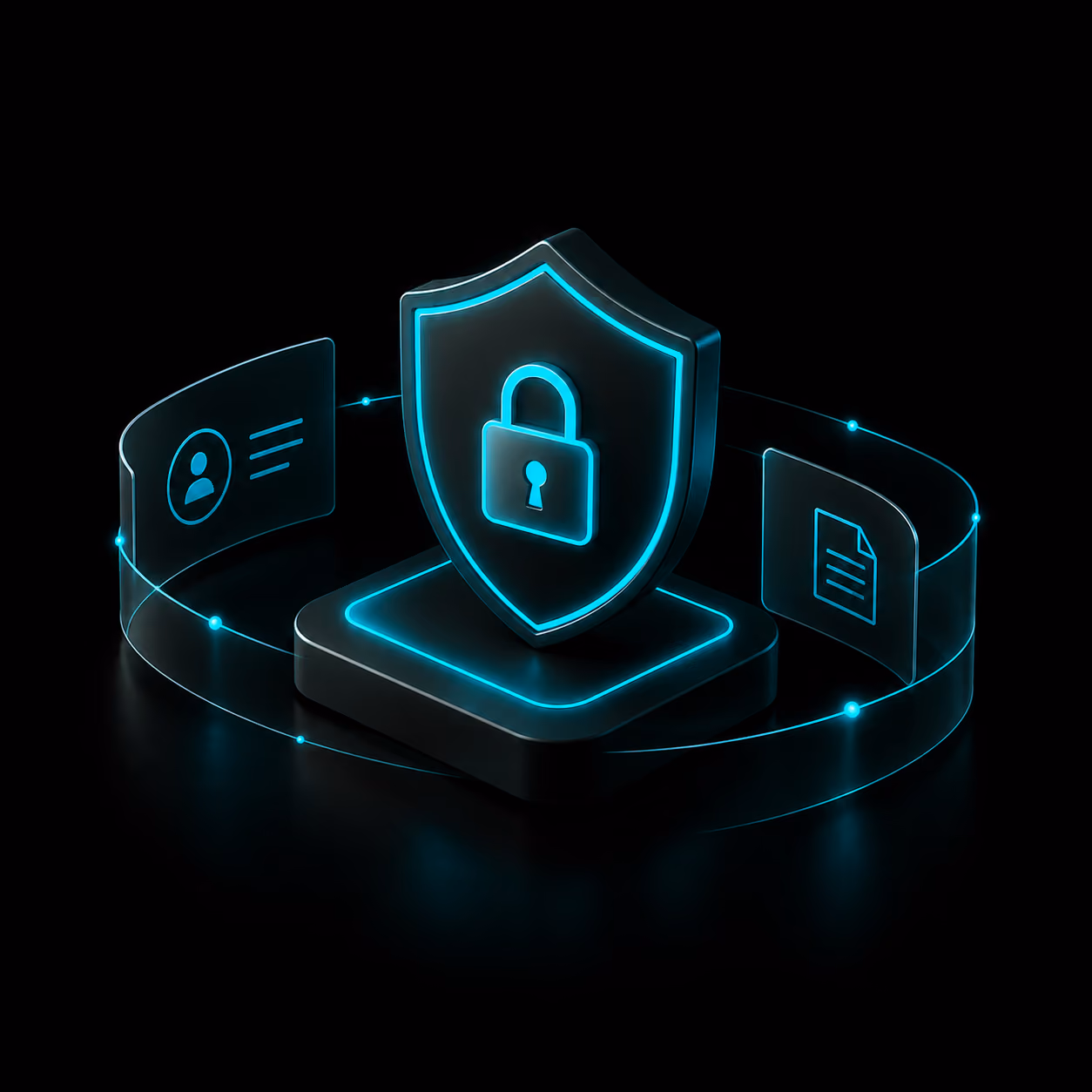 Glowing shield with padlock protecting database records