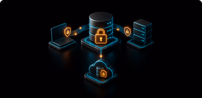 Database with padlock connected to encrypted servers and cloud backup