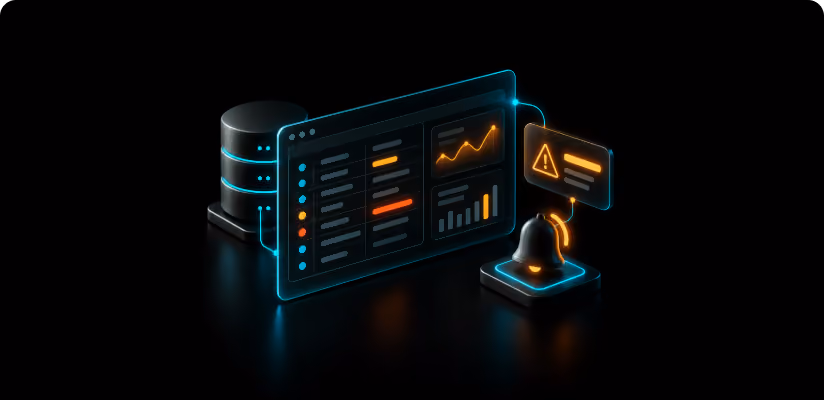 Monitoring dashboard with alert bell beside a database