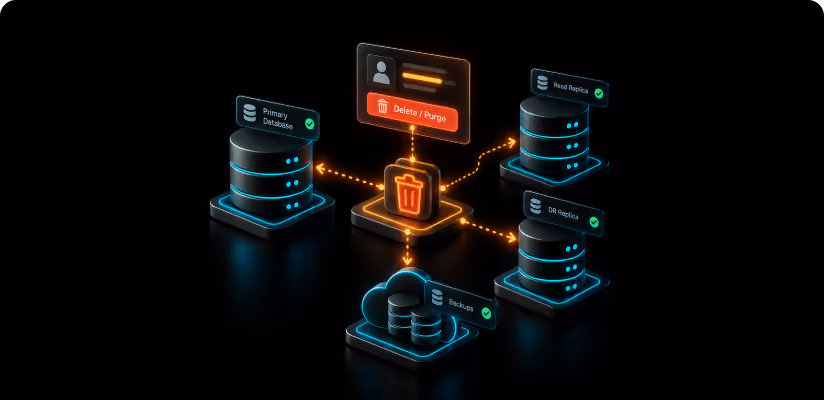 Data deletion flowing across replica and backup databases