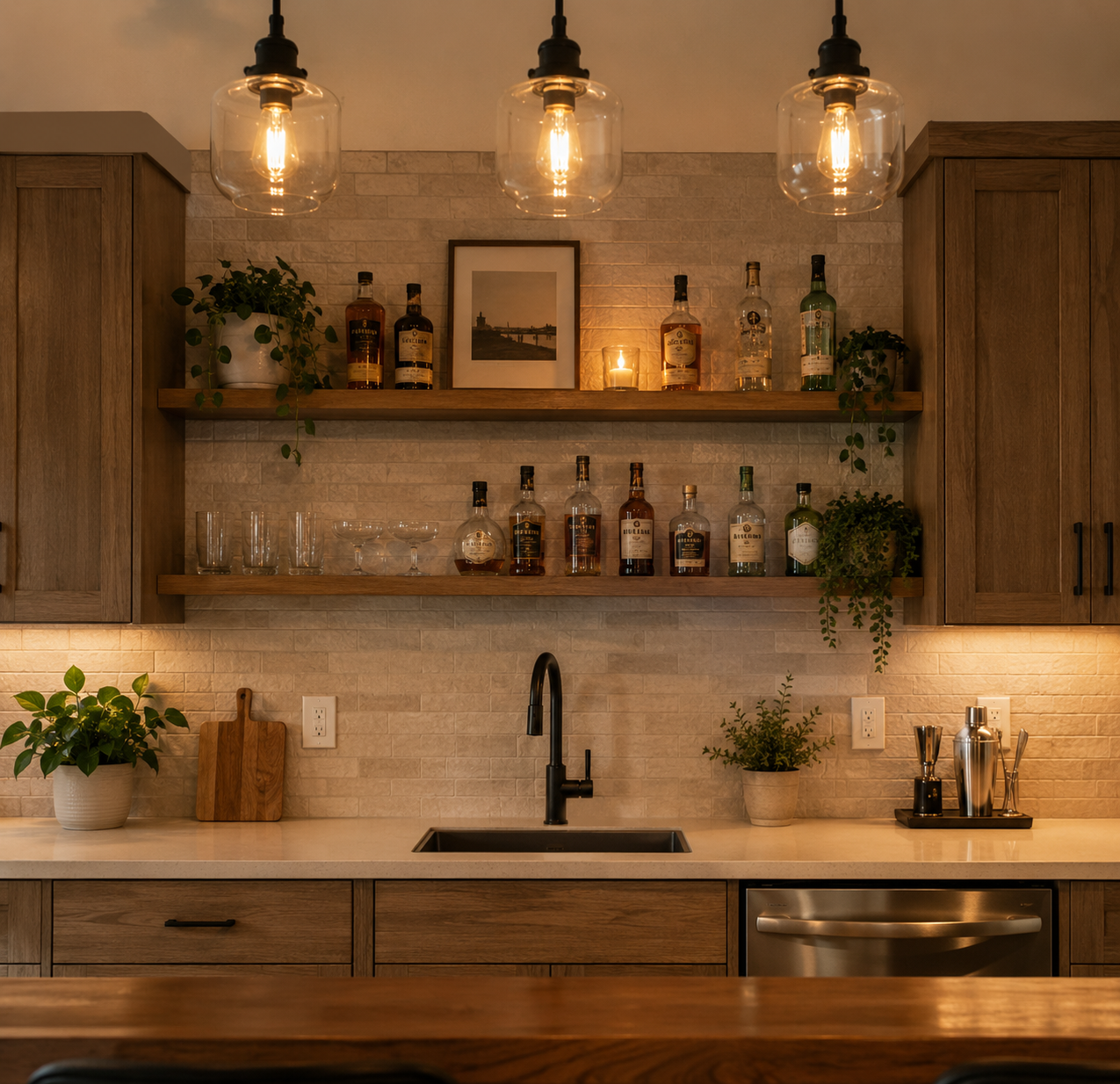 Warm kitchen with brick detail and pendant lighting