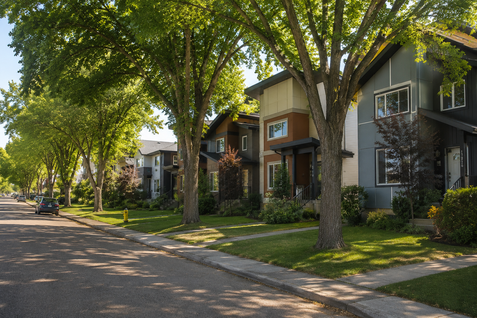 Mature tree-lined residential street in Lynnwood, Edmonton