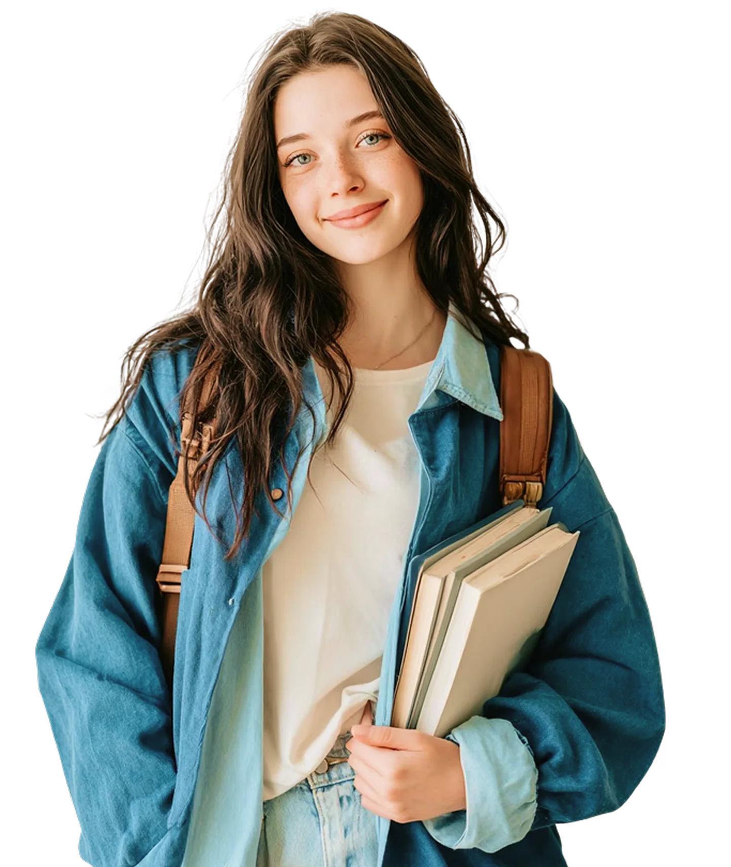 Smiling young woman with long hair wearing a denim jacket and holding books and a backpack.