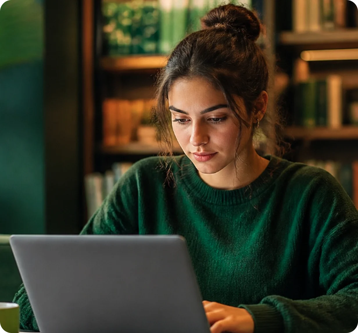 Five diverse students studying together around a table with books and a laptop in a library.