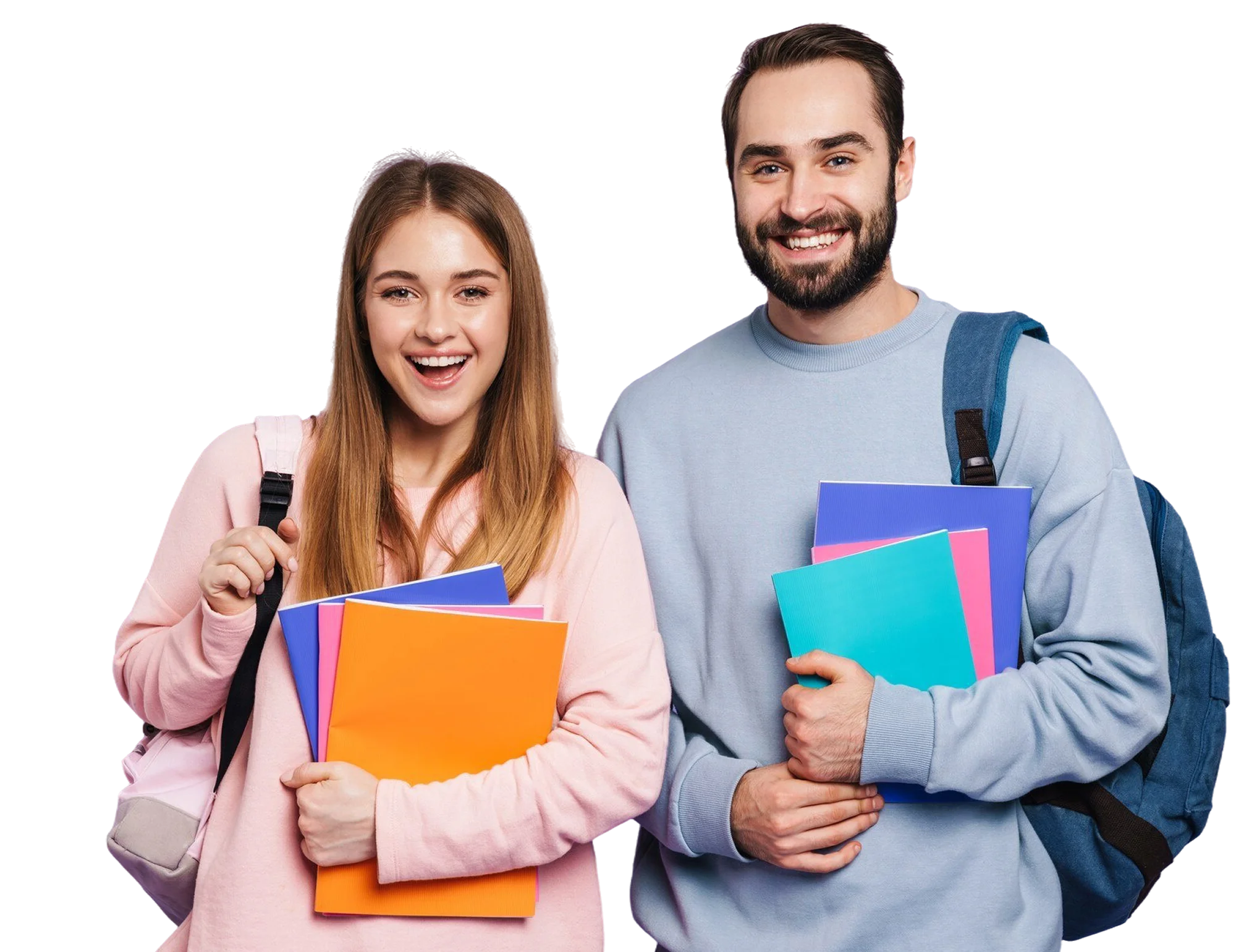 Smiling young woman and man holding colorful folders wearing backpacks, isolated on black background.