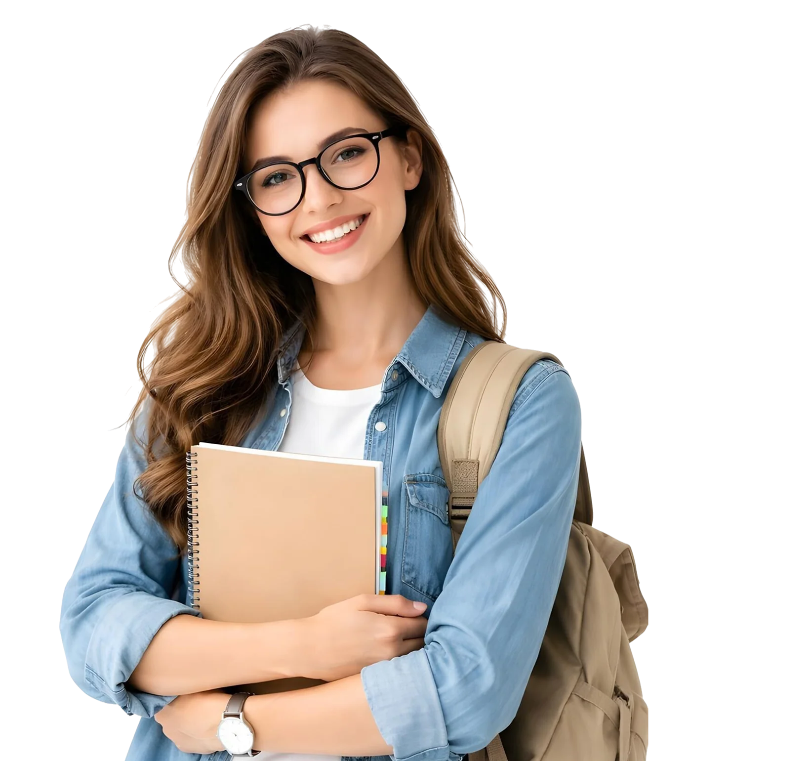 Smiling young woman with glasses holding a notebook and wearing a beige backpack and denim shirt.