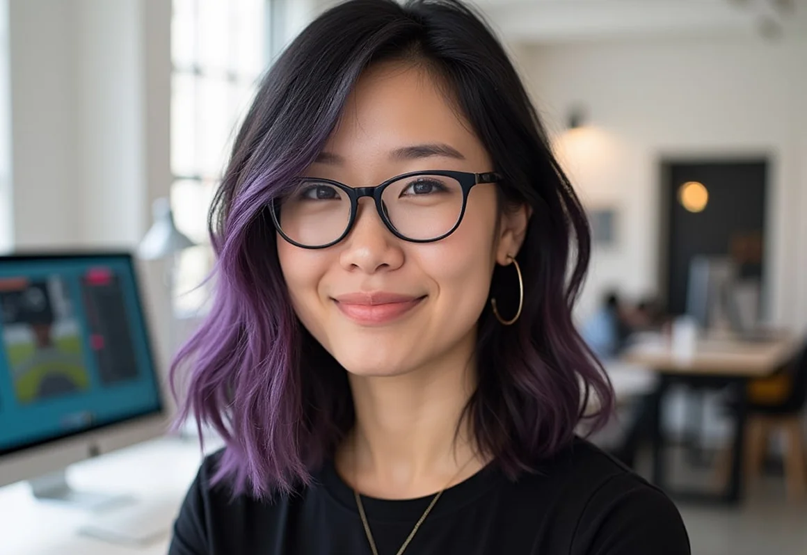 Young woman with black-rimmed glasses and purple hair smiling in a modern office setting.