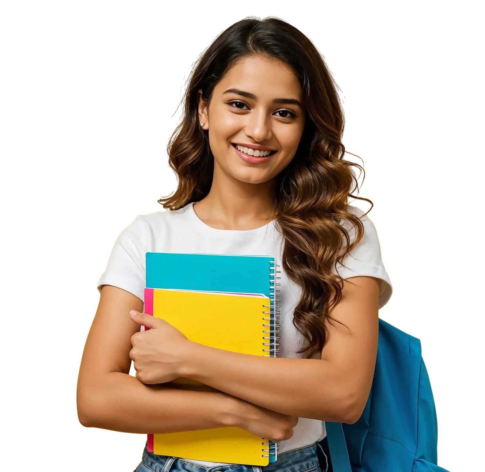 Smiling young woman and man holding notebooks and wearing backpacks, standing side by side.