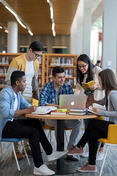 Five diverse students studying together with books and laptop in a modern library.