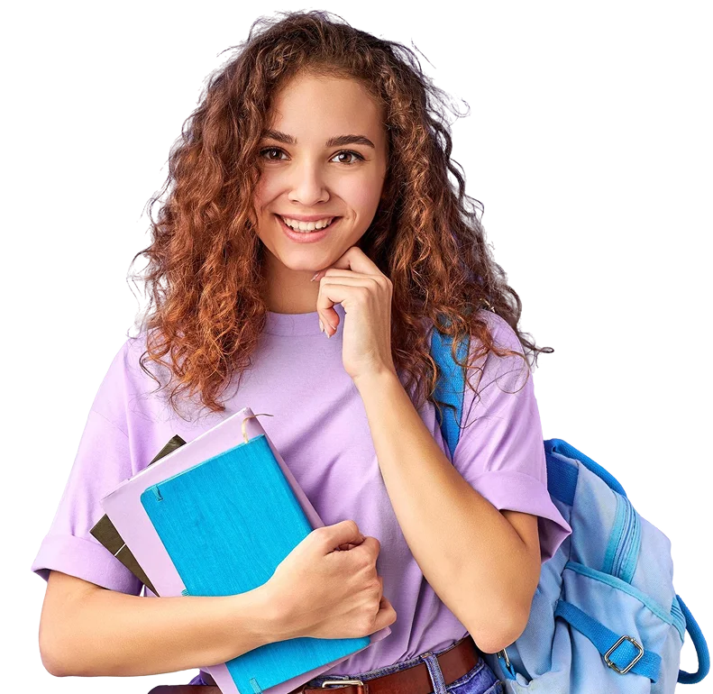Smiling young woman and man holding folders and wearing backpacks, standing side by side.