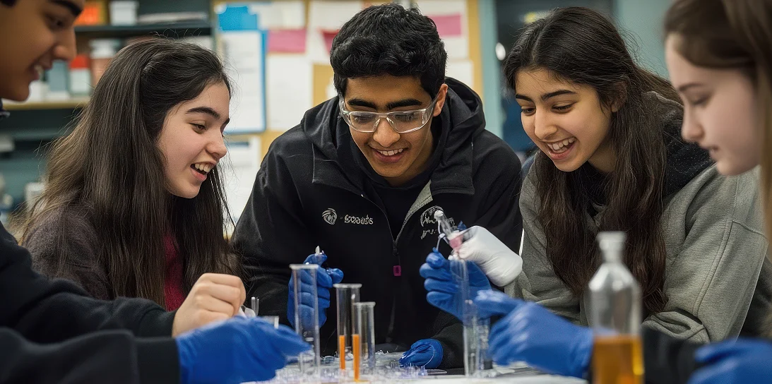 Teen students wearing gloves and safety glasses conducting a science experiment with test tubes.