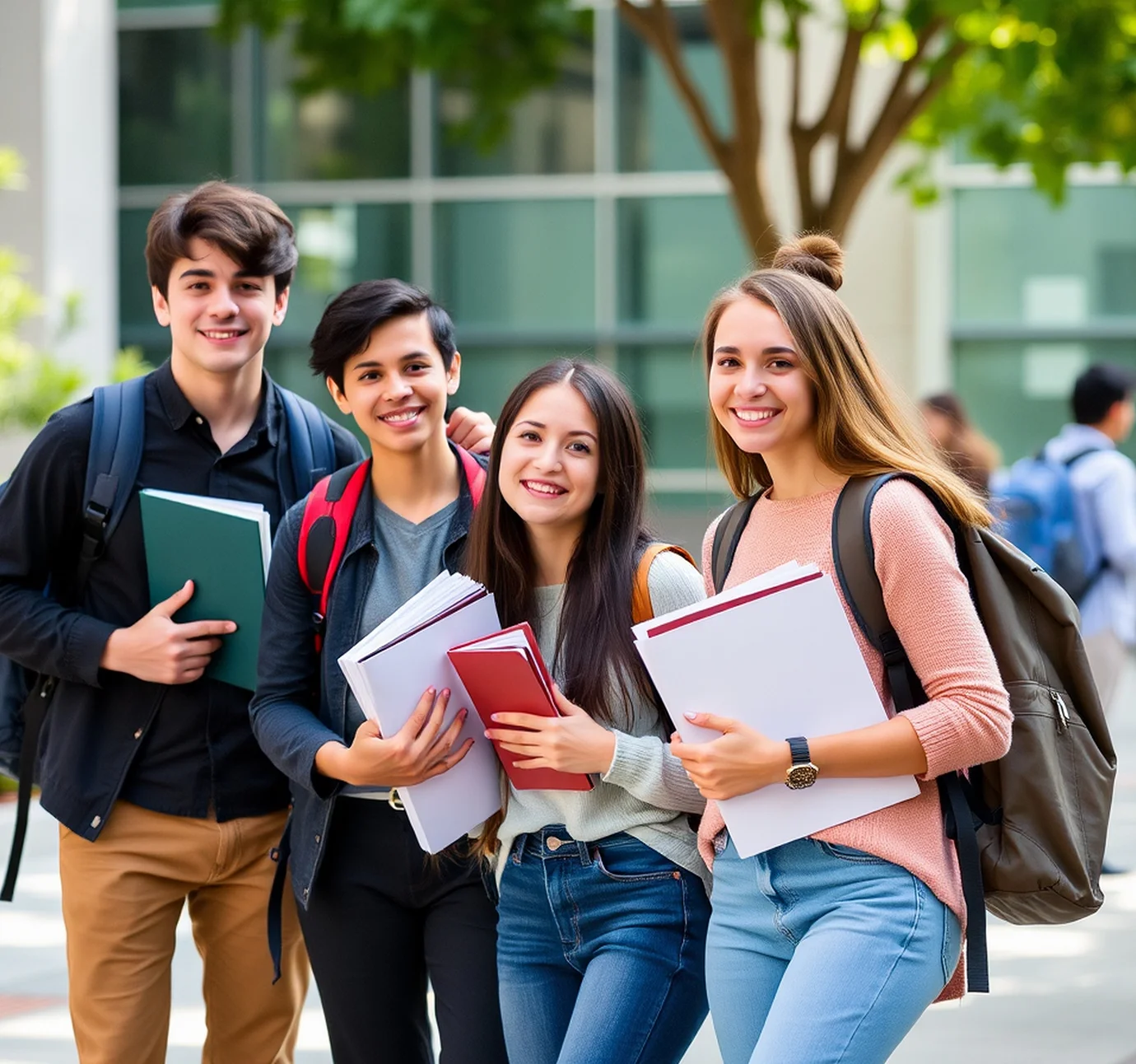 Group of four college students smiling outdoors holding books and backpacks at campus.