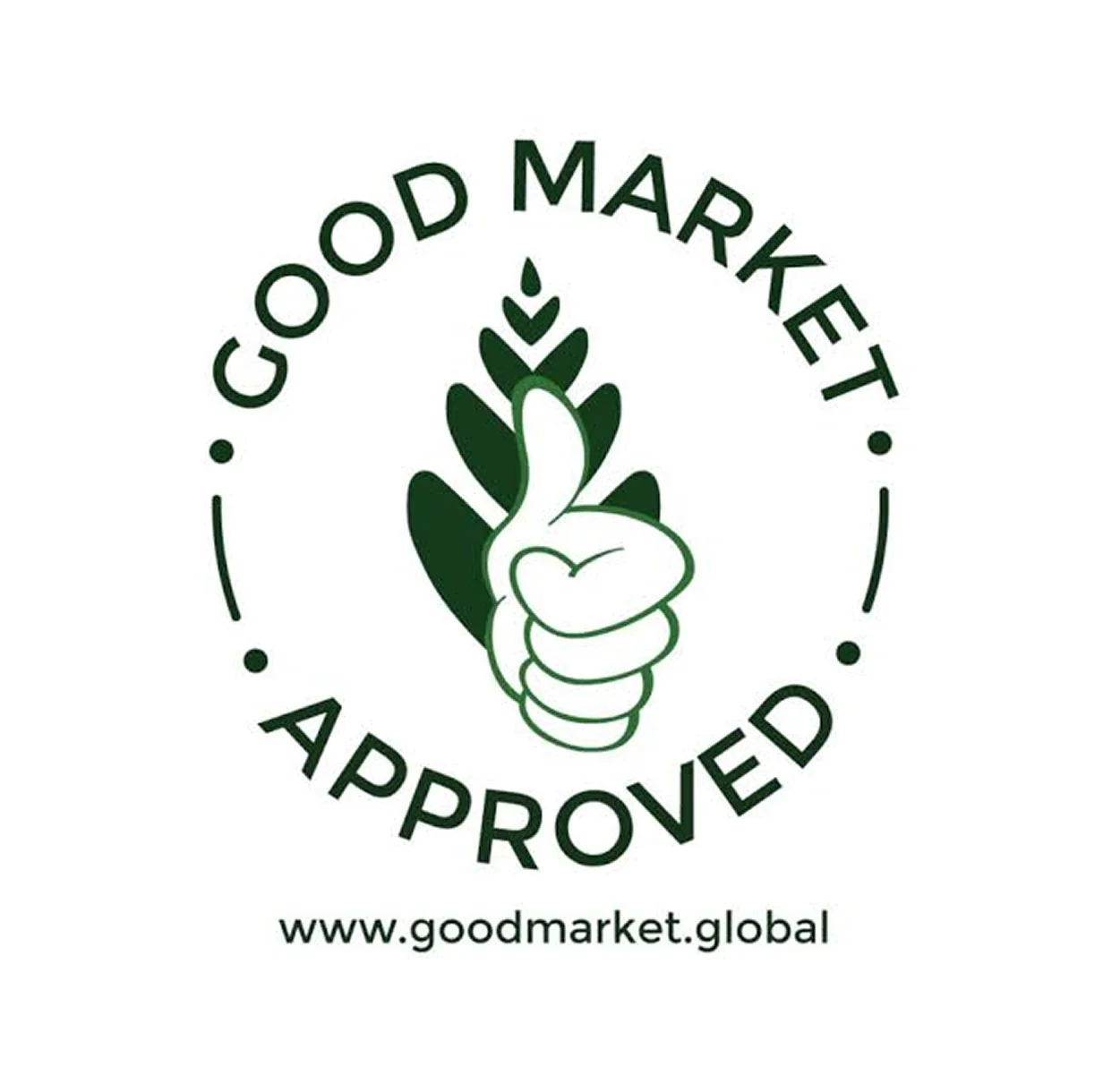 Good Market Approved logo with thumbs-up and leaves, including website www.goodmarket.global