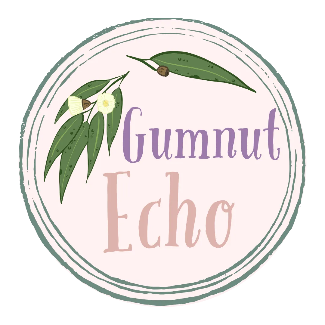 Circular logo with eucalyptus leaves and flowers above text reading Gumnut Echo.