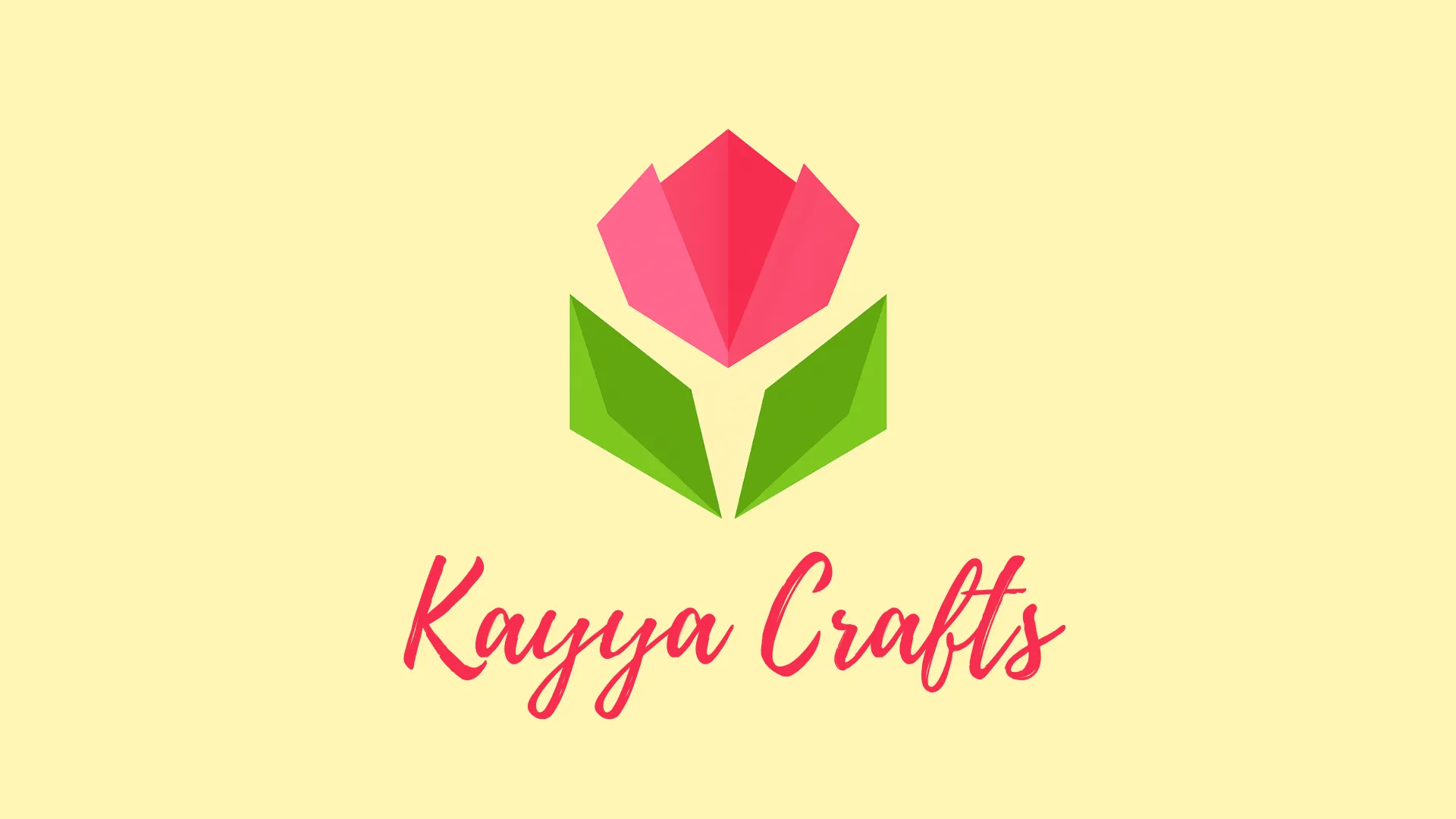 Stylized pink tulip flower with two green leaves and Kayya Crafts text below on yellow background.