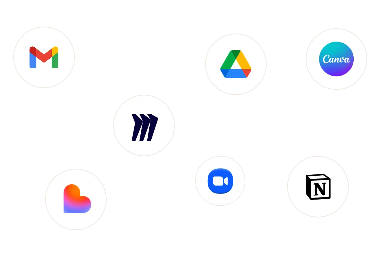 Icons of Gmail, Google Drive, Canva, Miro, Bonfire, Zoom, and Notion apps on white circular backgrounds.