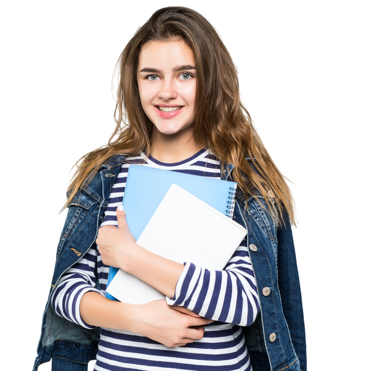 Smiling young woman wearing a striped shirt and denim jacket holding a blue notebook and a white book.