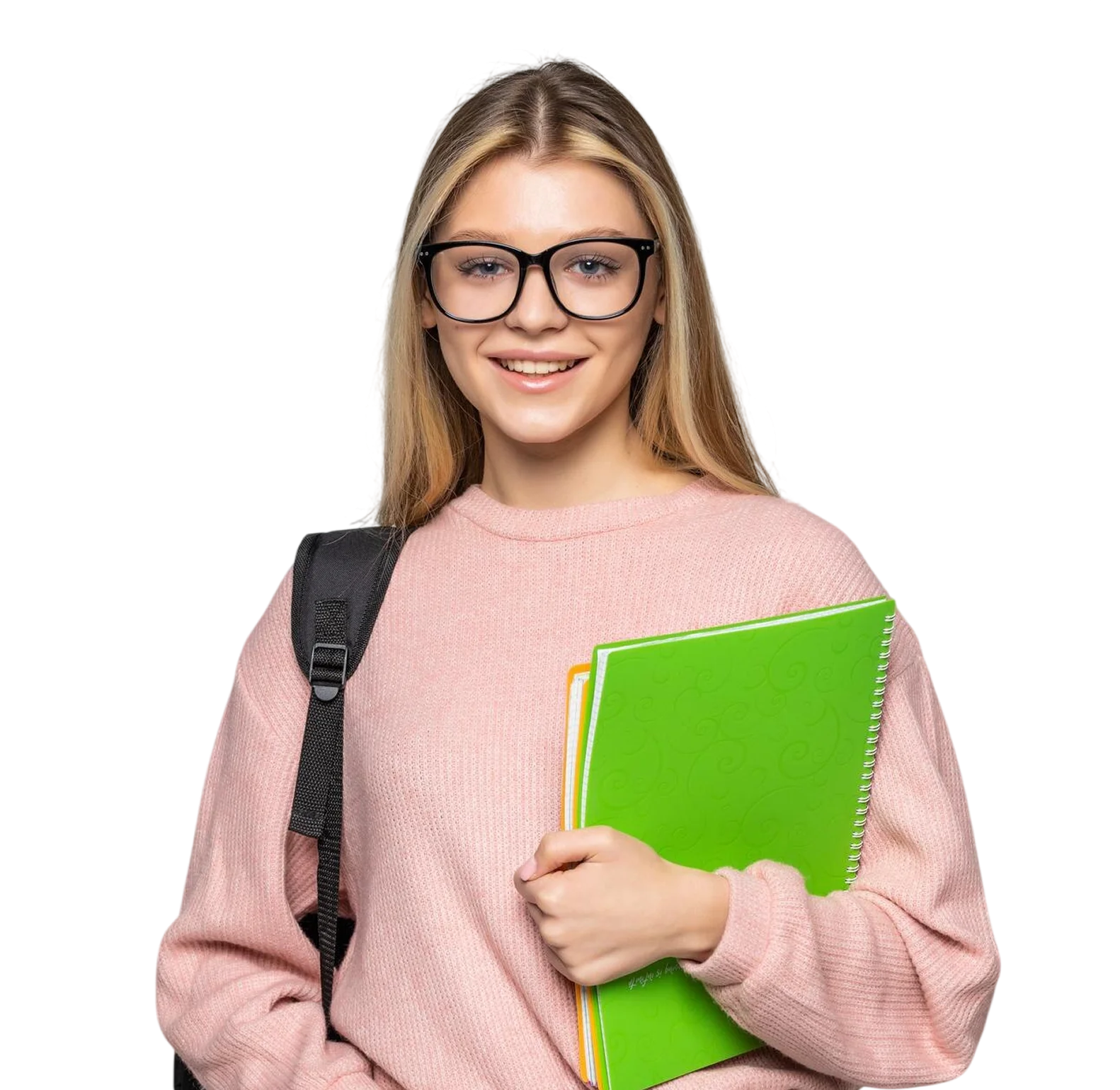 Smiling young woman with long blonde hair and black glasses, wearing a pink sweater and carrying a black backpack, holding bright green and yellow notebooks.