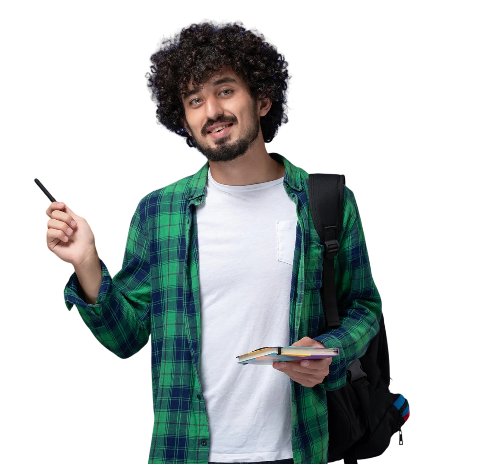 Smiling young man with curly hair in green plaid shirt shows thumbs up while holding notebooks.