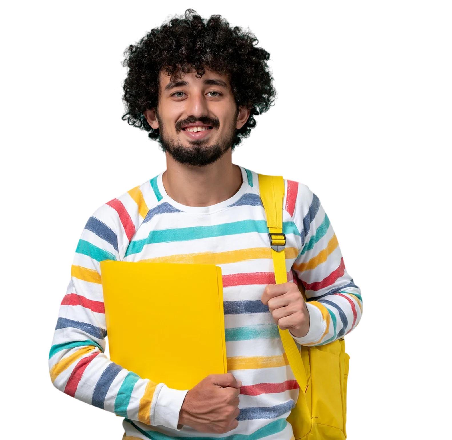 Young man with curly hair wearing a colorful striped shirt, smiling, holding a yellow folder, and carrying a yellow backpack on one shoulder.