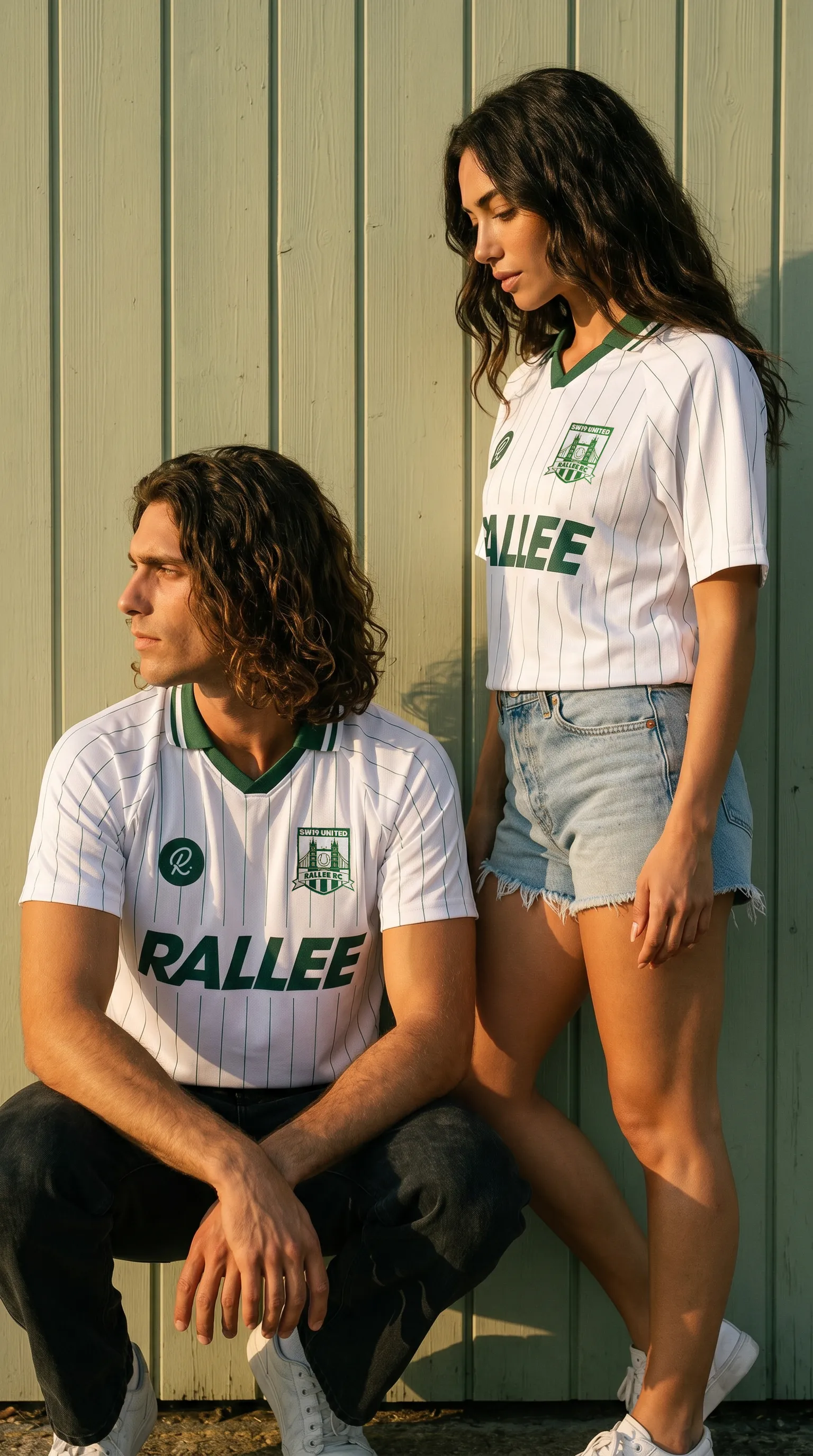 AI generated campaign image for Rallee, two models in white football shirts against a green timber wall